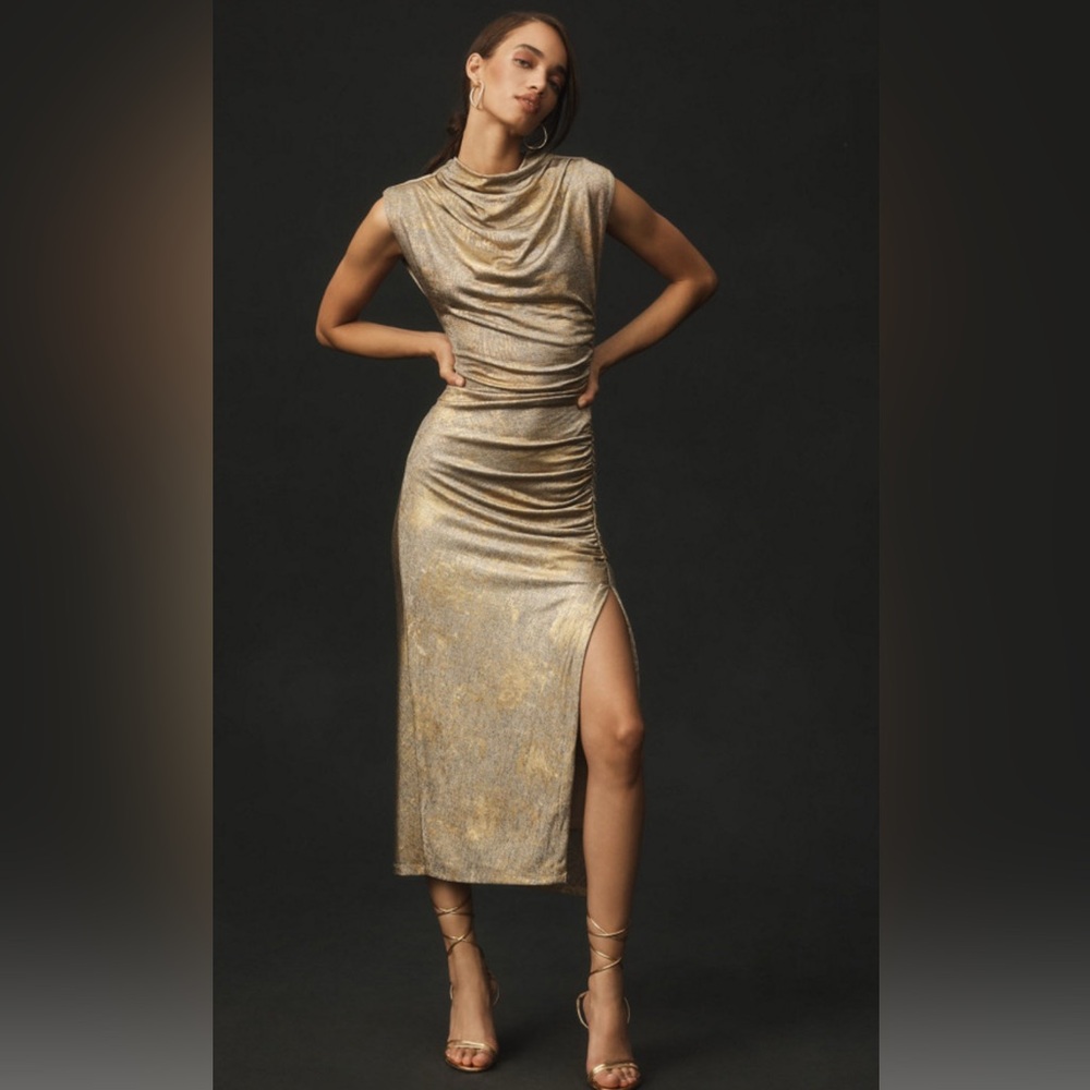 Anthropologie Metallic Gold Asymmetrical Midi Dress